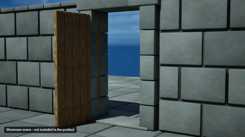 Una porta di legno aperta in un muro di pietra (scena di presentazione, non inclusa)