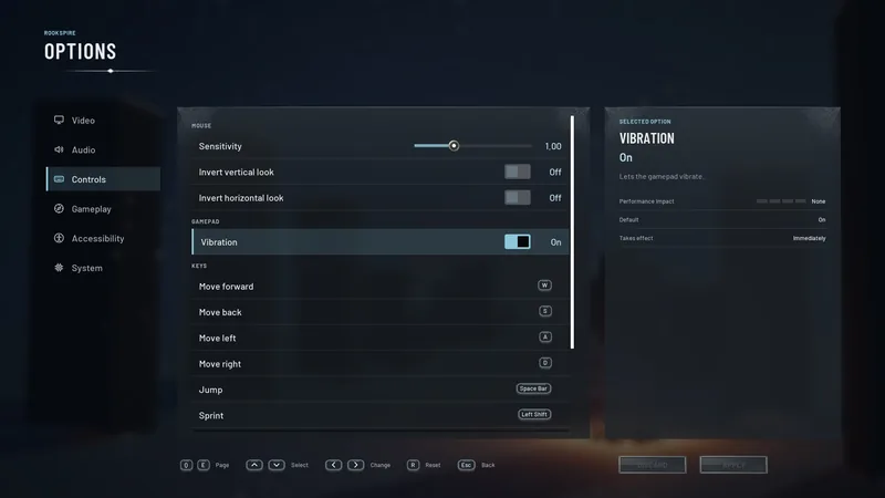 Opzioni: Controlli, con sensibilità, vibrazione e tasti