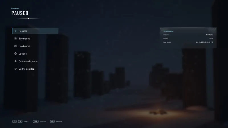 Menu di pausa con il luogo, il tempo di gioco e l'ultimo salvataggio